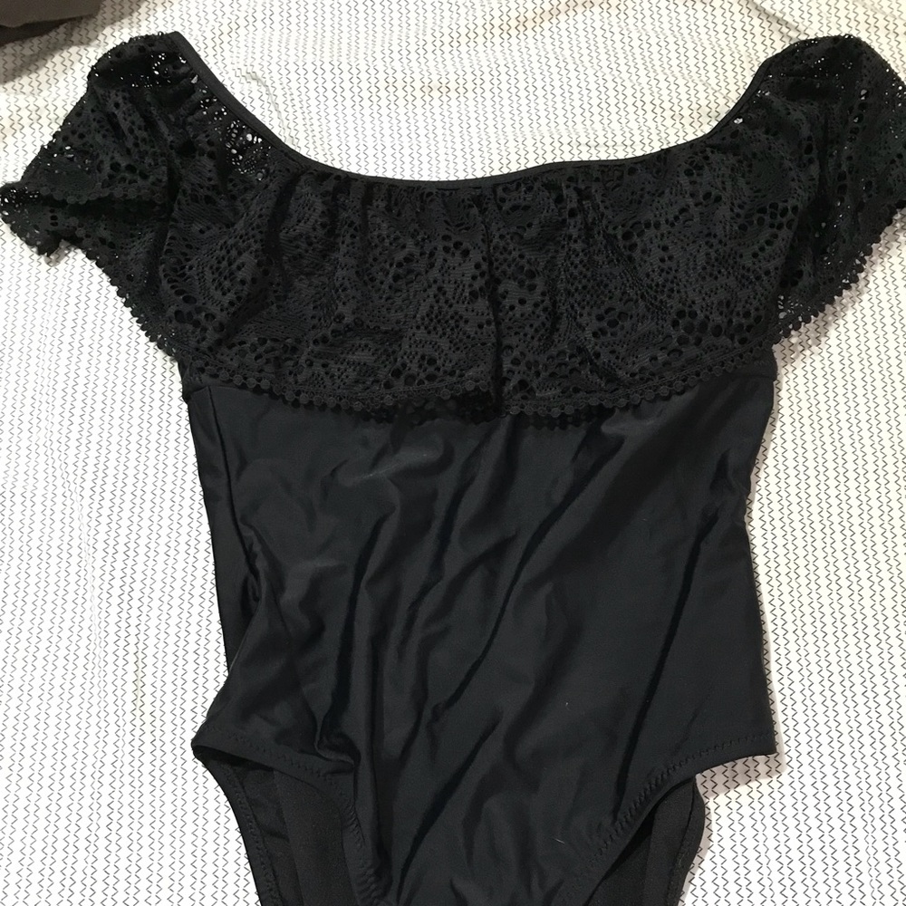 Off the shoulder black one piece swim suit